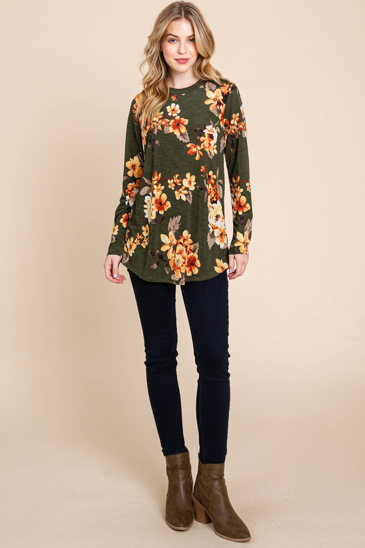 Olive Floral Long Sleeve Top