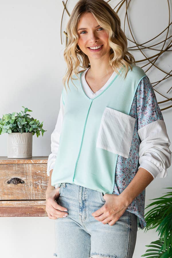 Floral Patchwork Panel Front Pocket V Neck Pullover Top