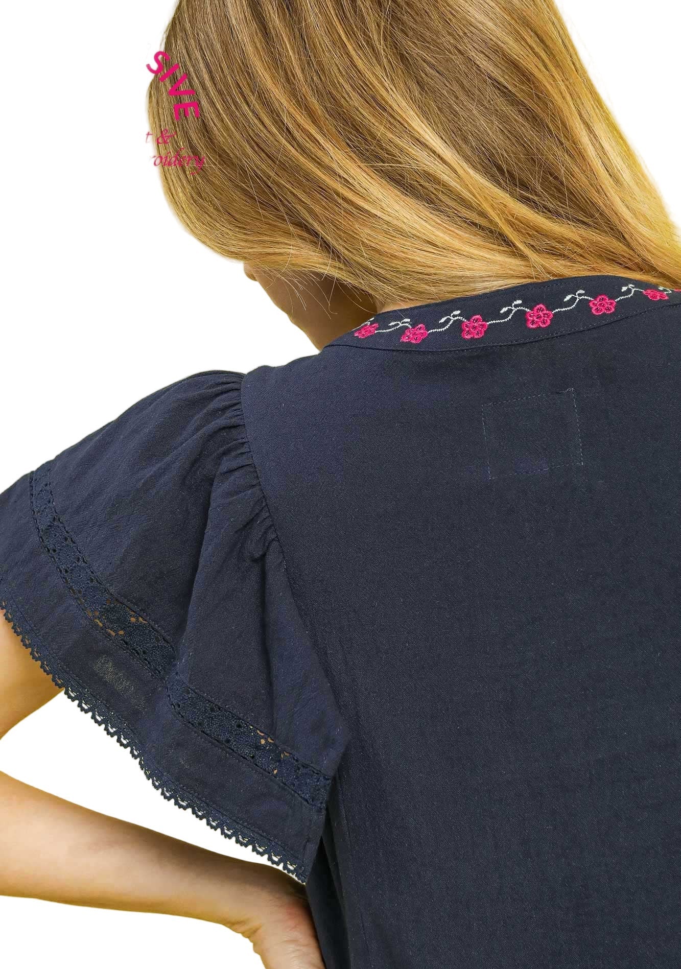 Navy Floral Embroidered Flutter Sleeve Midi Dress