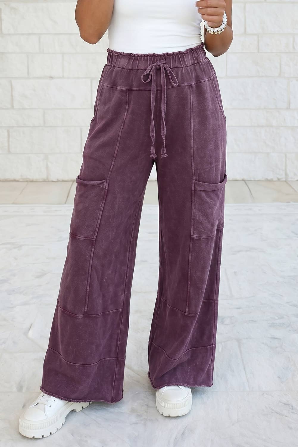 Mineral Wash Lace-up High Waist Raw Hem Patched Pocket Pants