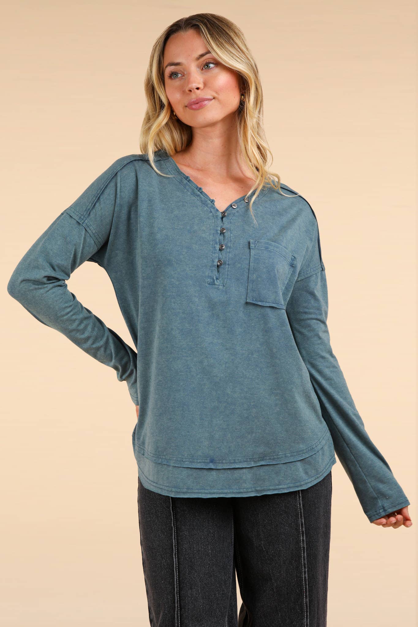 Mineral Washed Cotton Comfy Knit Top, Mauve