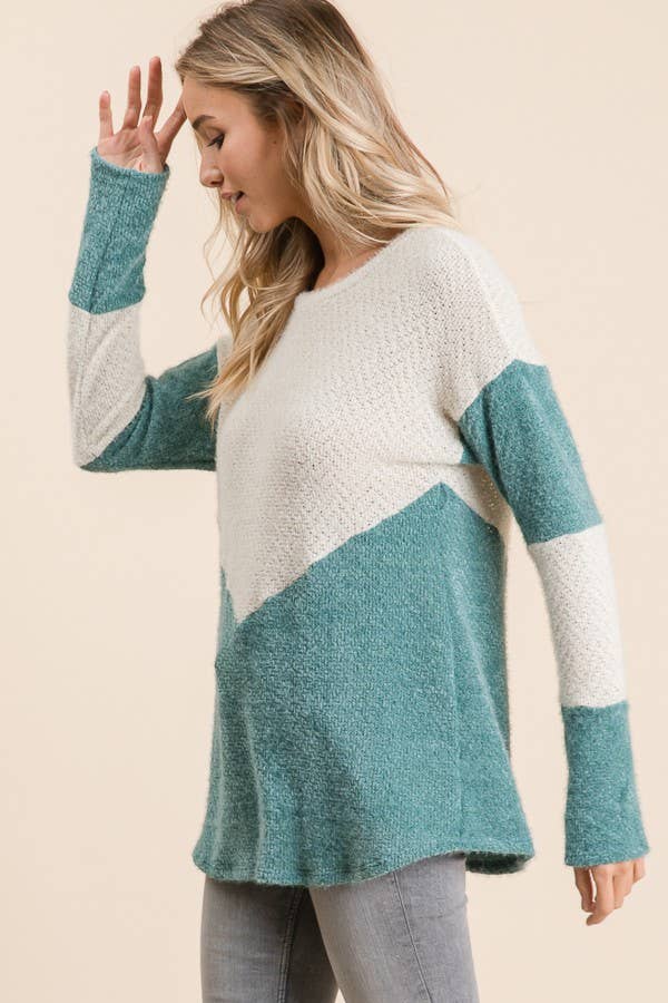 Teal Fuzzy Angora Knit Colorblock Sweater