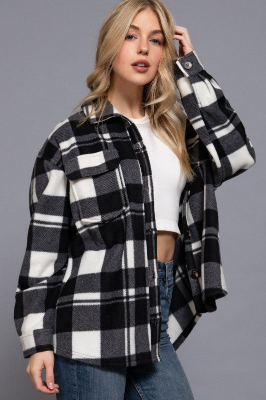 Checkered Fleece Shacket--Black