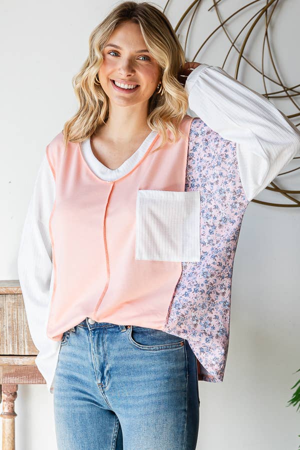 Floral Patchwork Panel Front Pocket V Neck Pullover Top