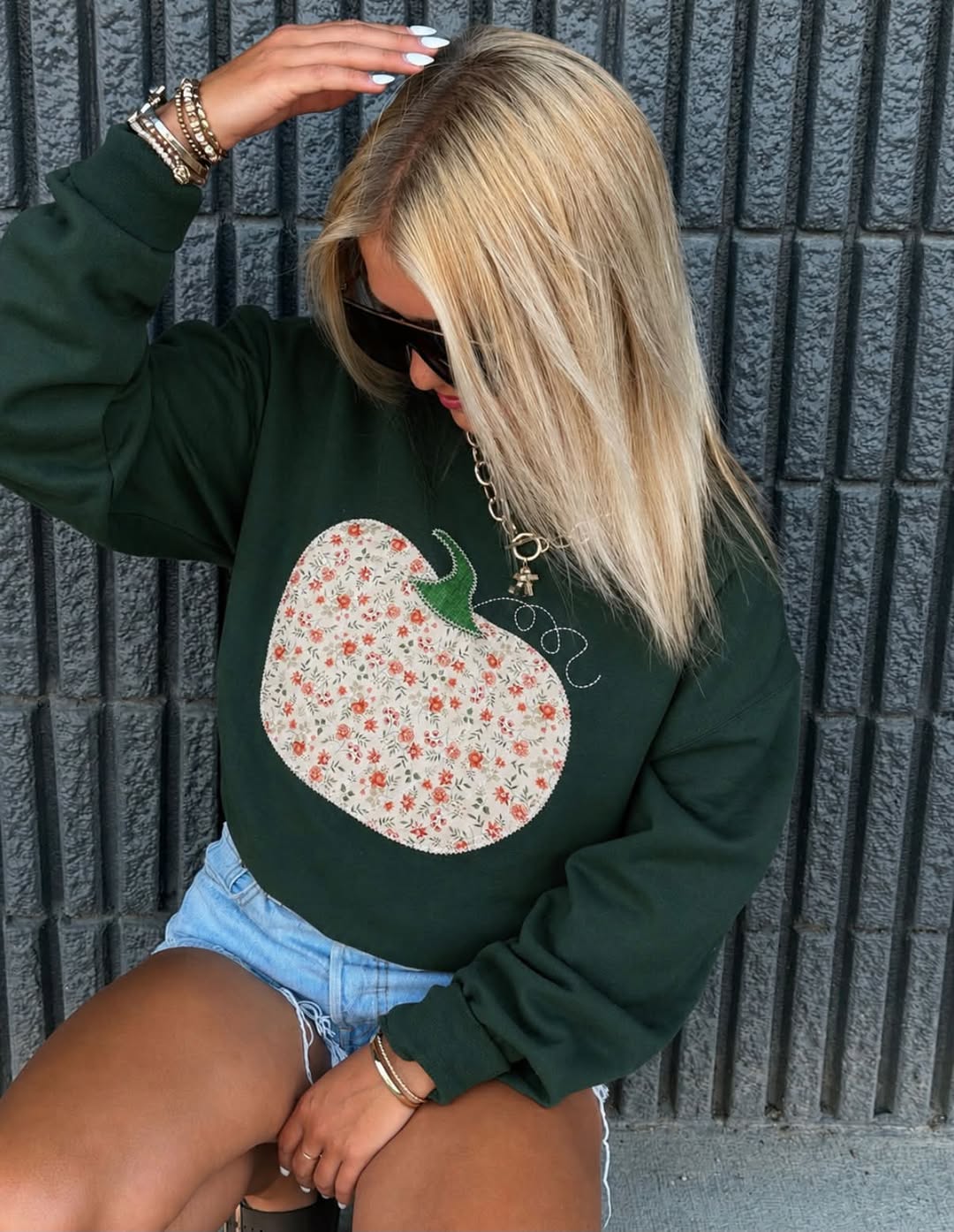 Floral Embroidered Pumpkin Applique Crew