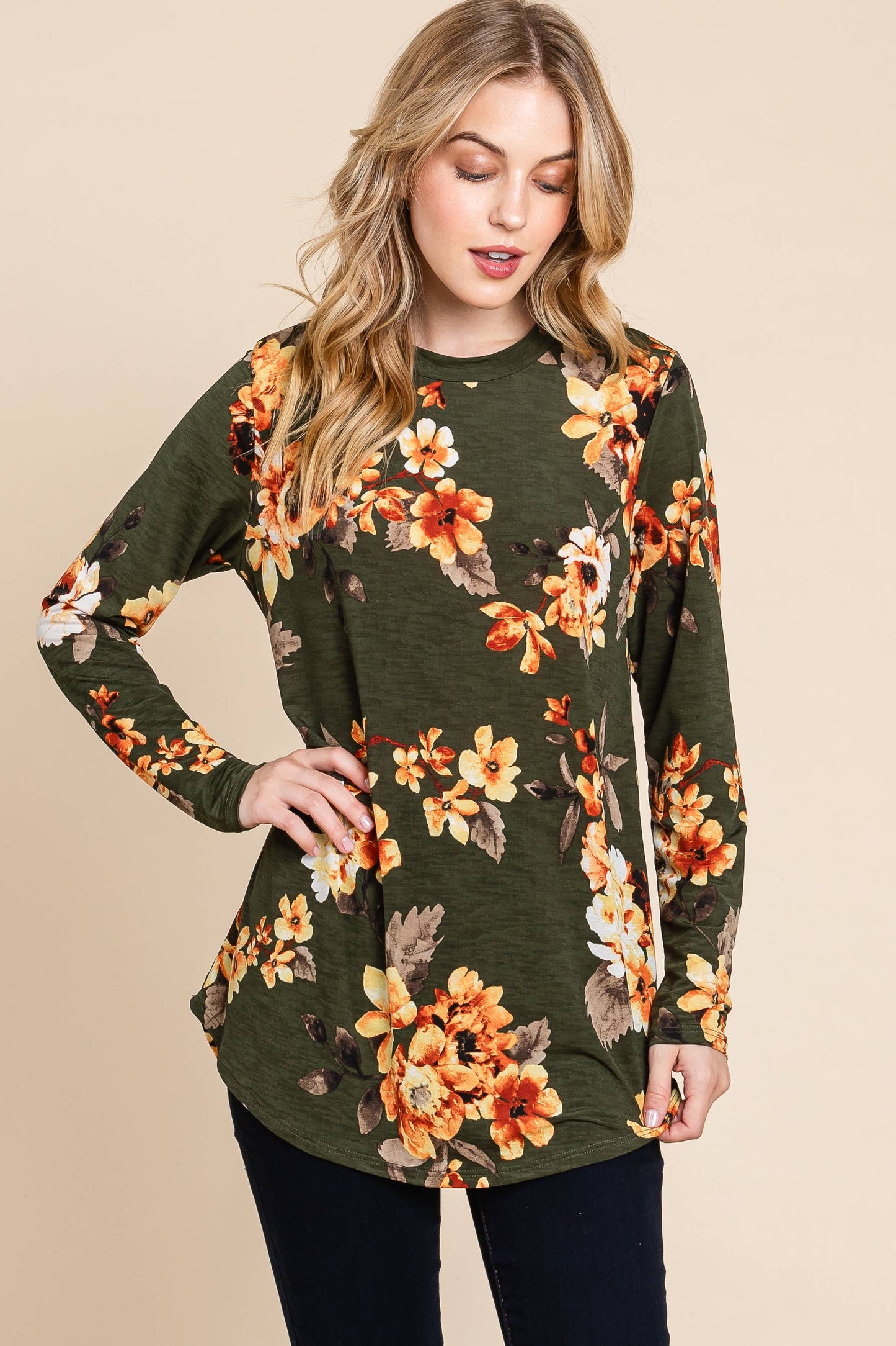 Olive Floral Long Sleeve Top