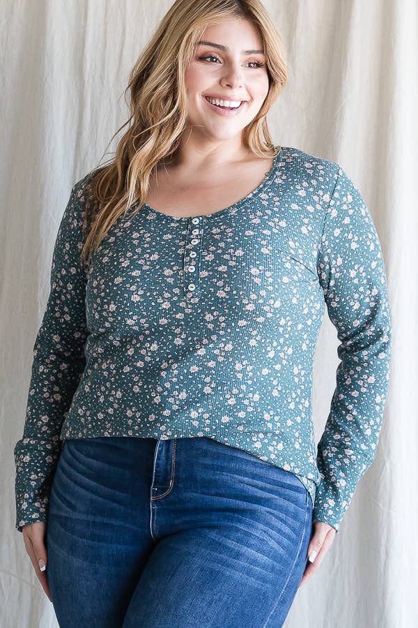 Hunter Green Floral Long Sleeve Top (PLUS)