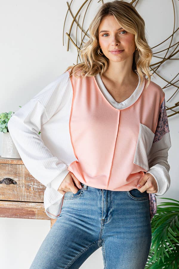 Floral Patchwork Panel Front Pocket V Neck Pullover Top