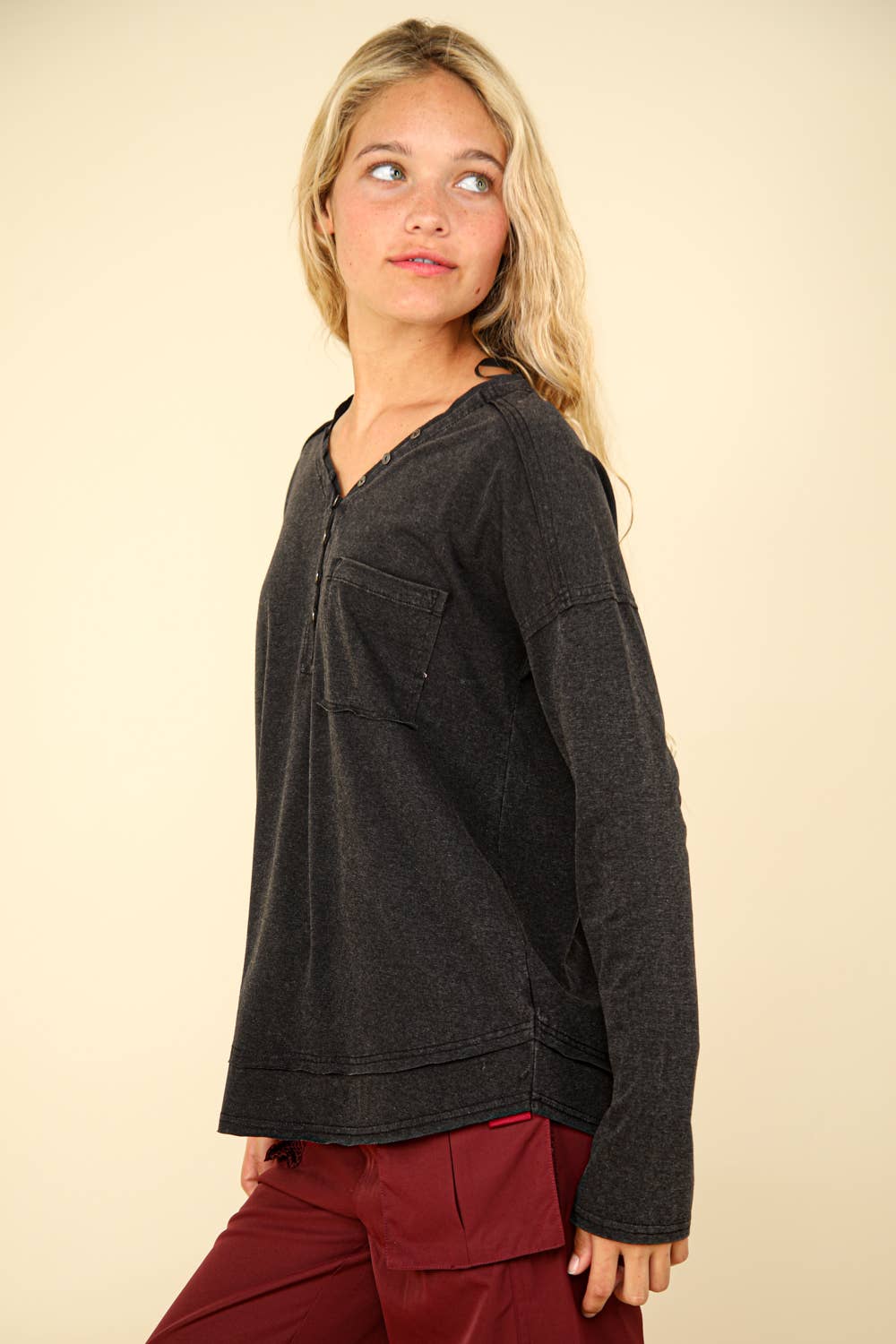 Mineral Washed Cotton Comfy Knit Top, Mauve
