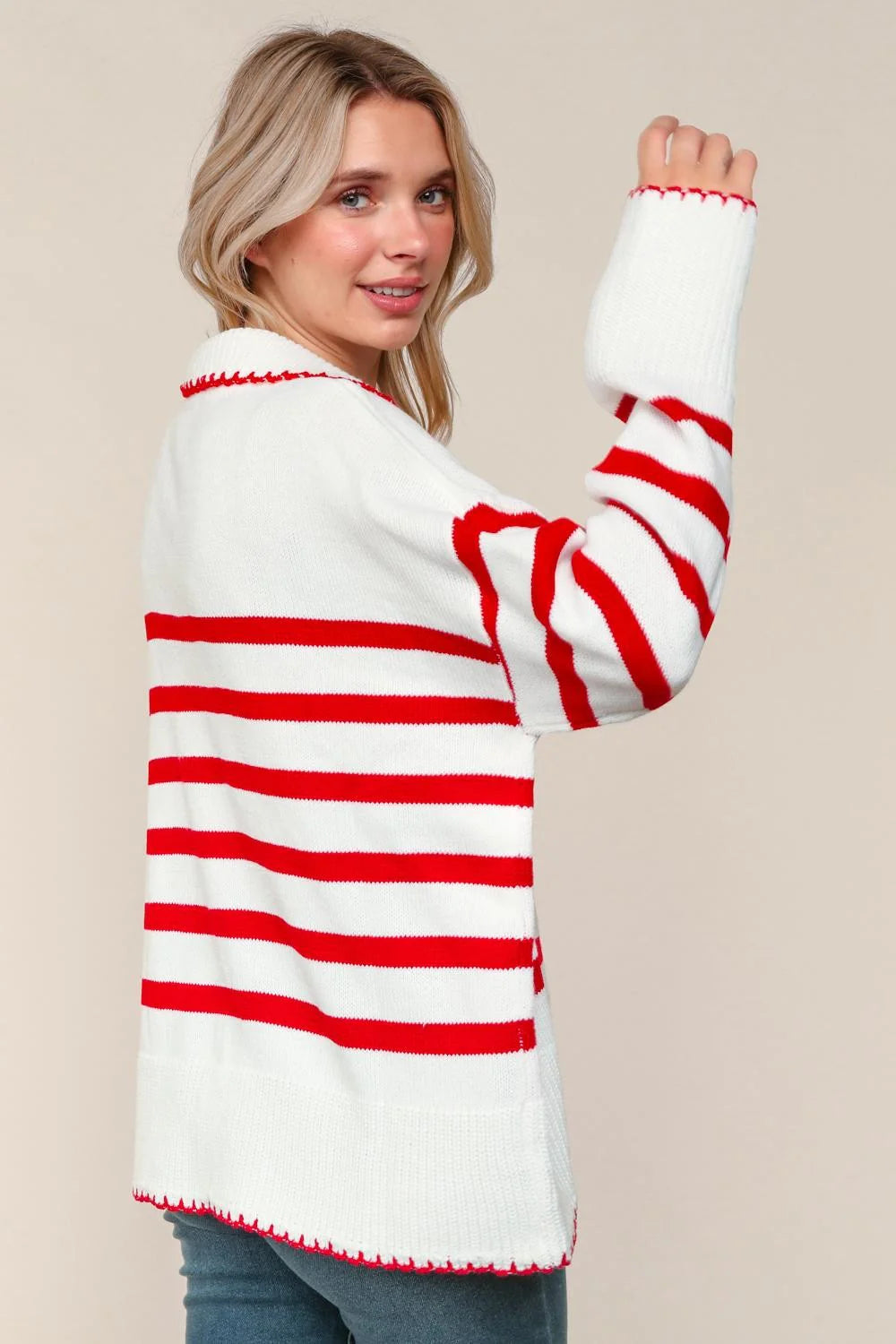 Red Collared Notch V-neck Loose Fit Knit Top
