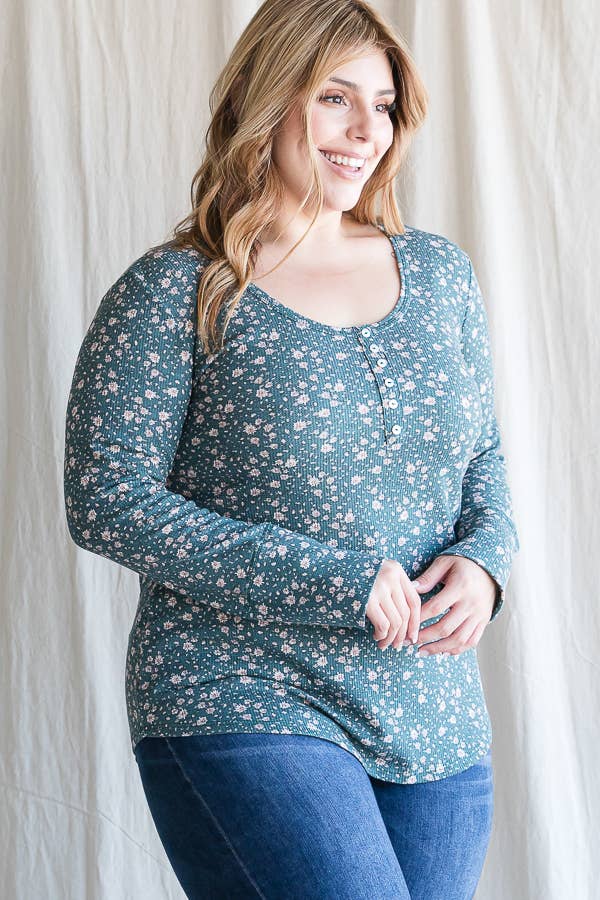 Hunter Green Floral Long Sleeve Top (PLUS)