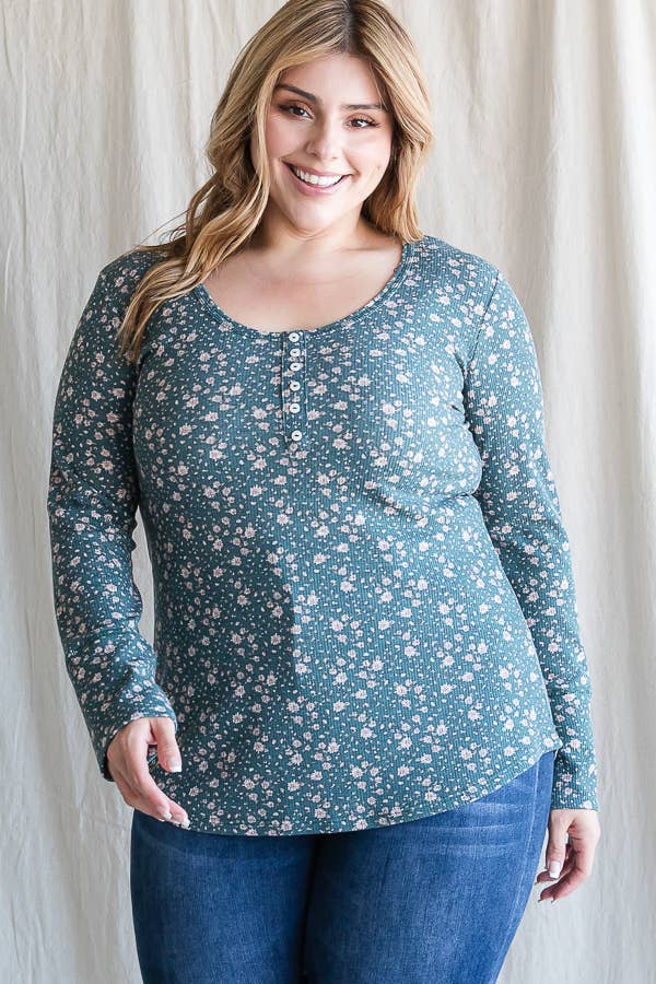 Hunter Green Floral Long Sleeve Top (PLUS)