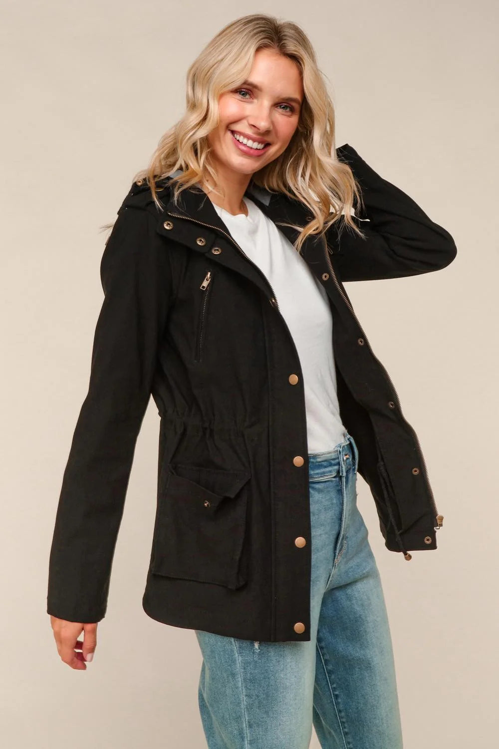 Hooded Zipper Up Jacket With Waist Adjustment