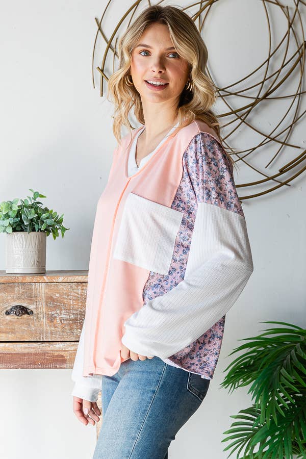 Floral Patchwork Panel Front Pocket V Neck Pullover Top
