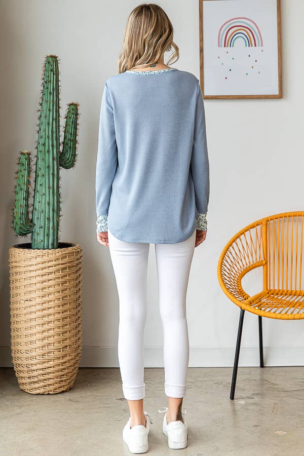 Vintage Blue Floral Detail Long-Sleeve Top