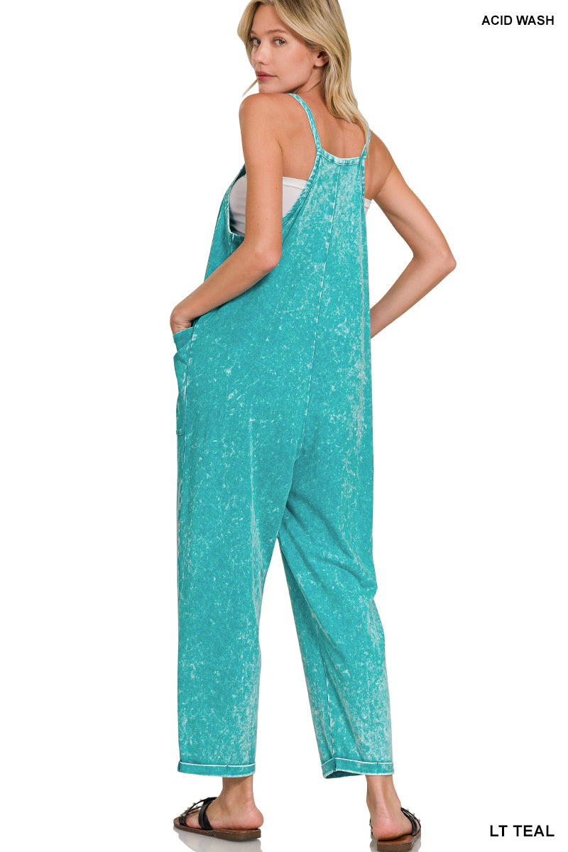 Light Teal Washed Overalls with Pockets