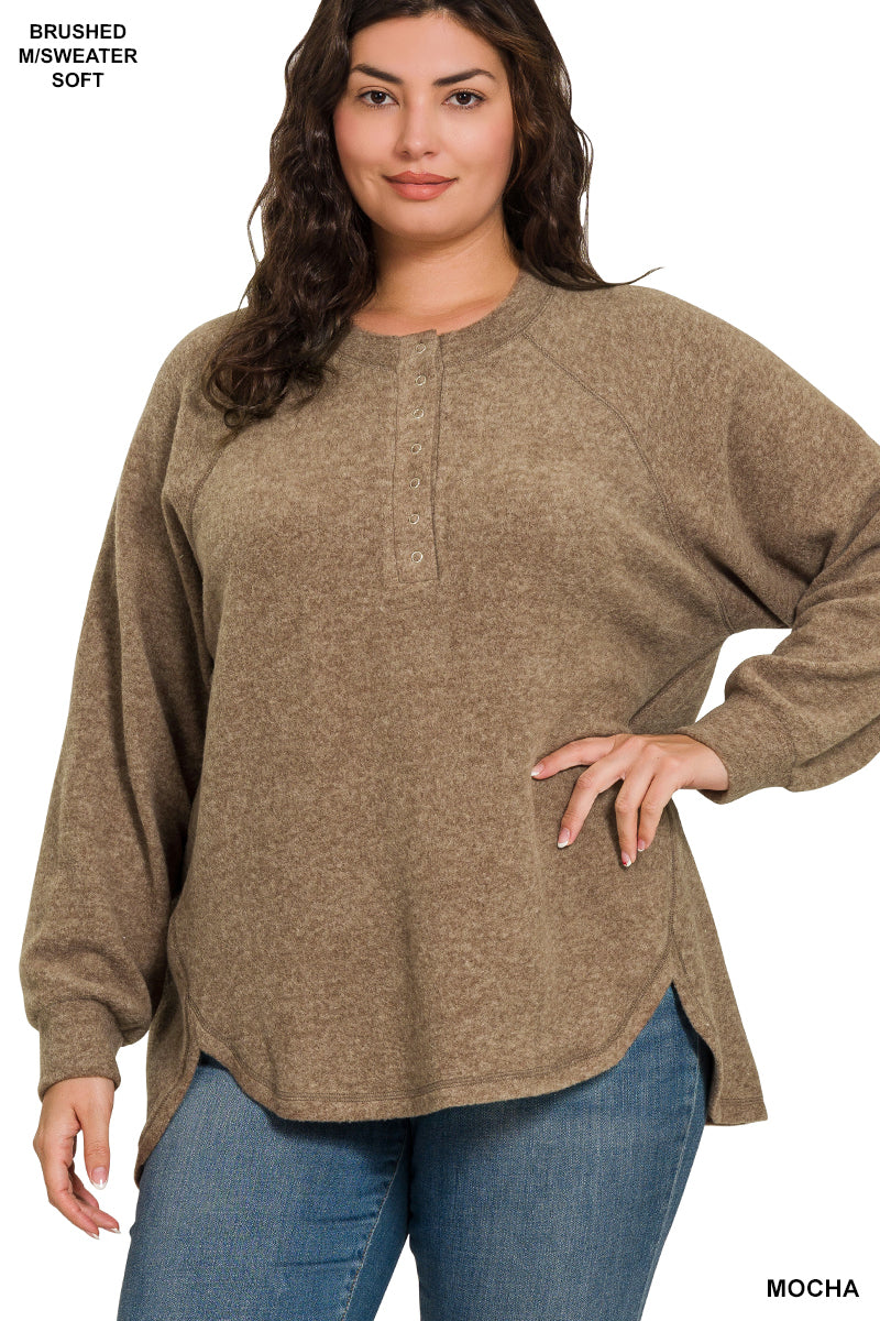 Brushed Melange Hacci Oversized 7-Button Henley Sweater--Mocha