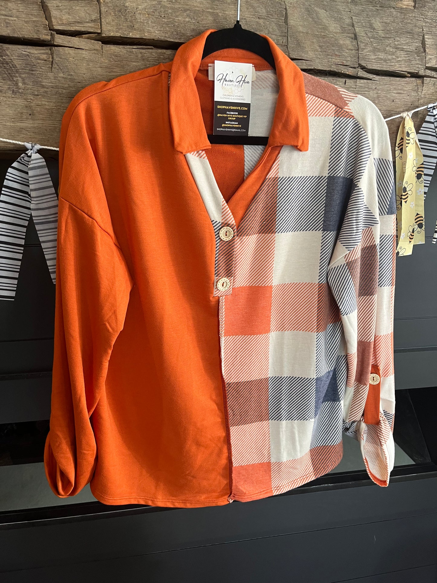 Orange Plaid Checker Print French Terry Knit Top