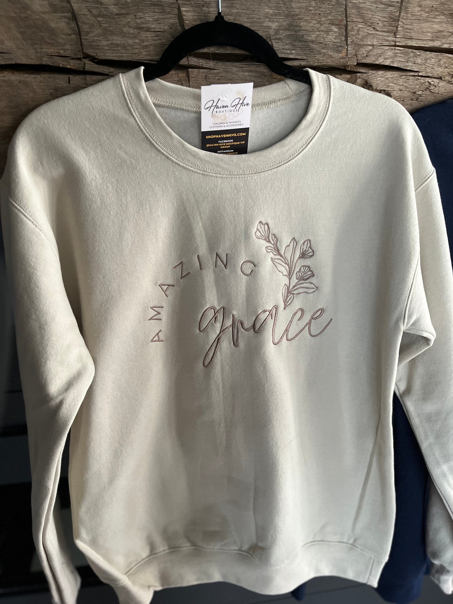 Amazing Grace Embroidered Crew--Sand/Taupe