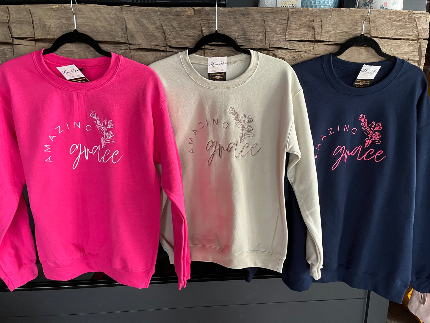 Amazing Grace Embroidered Crew--Navy/Hot Pink