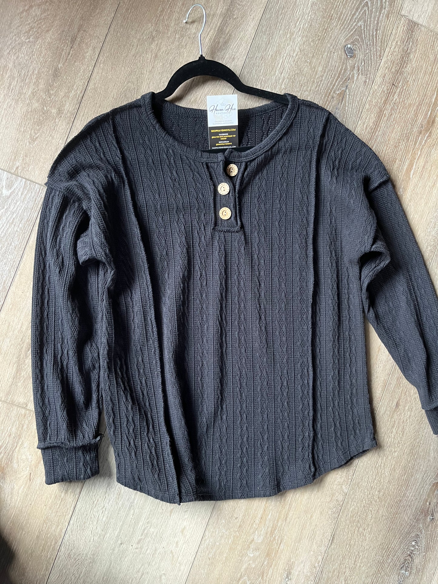Black Textured Henley Top
