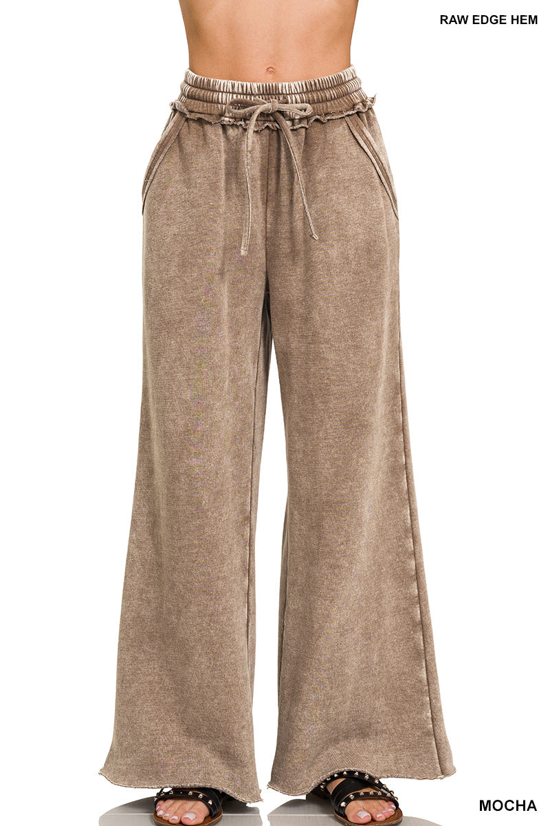 Mocha Acid Wash Fleece Palazzo Pants with Pockets