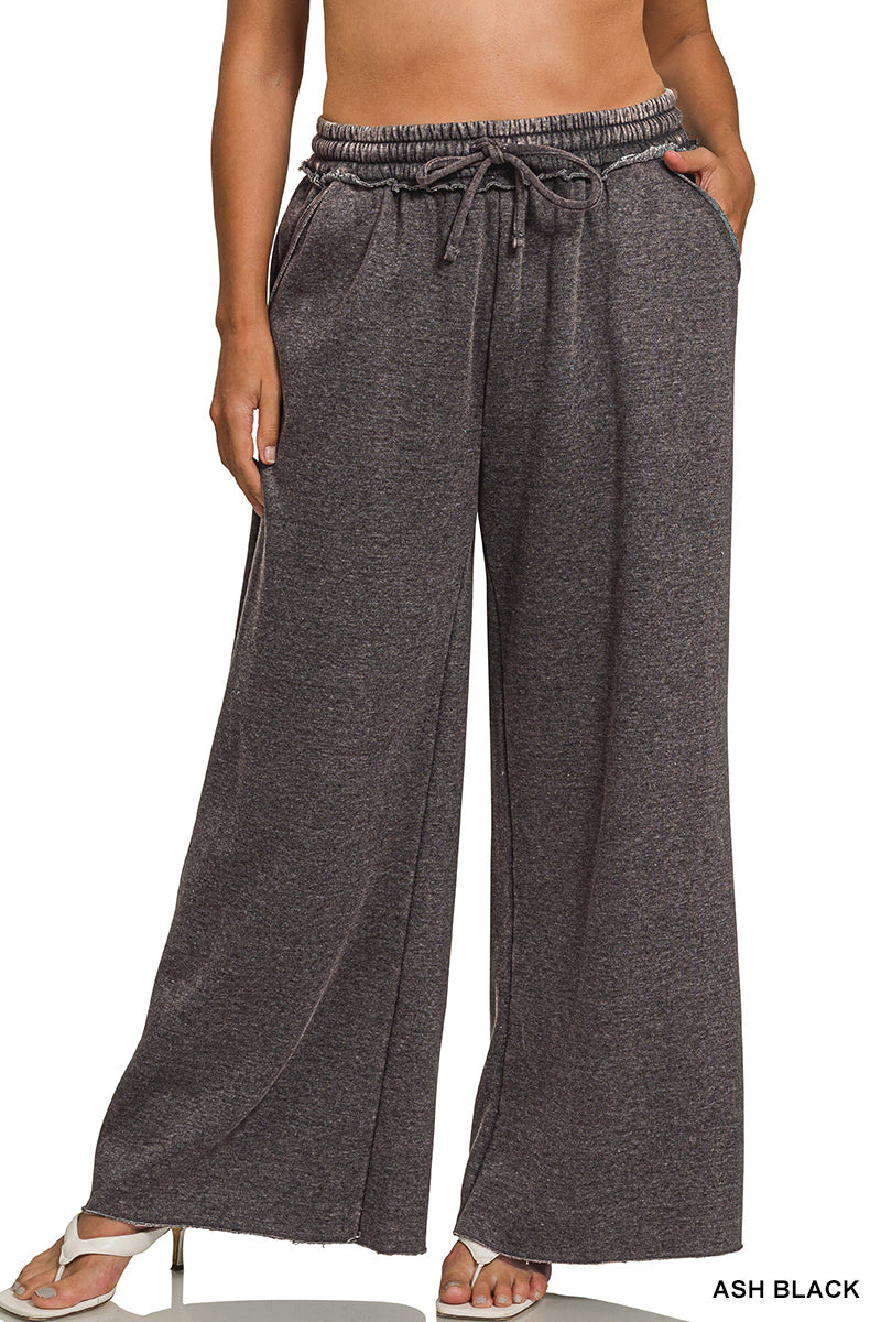 Ash Black Plus Acid Wash Fleece Palazzo Pants with Pockets