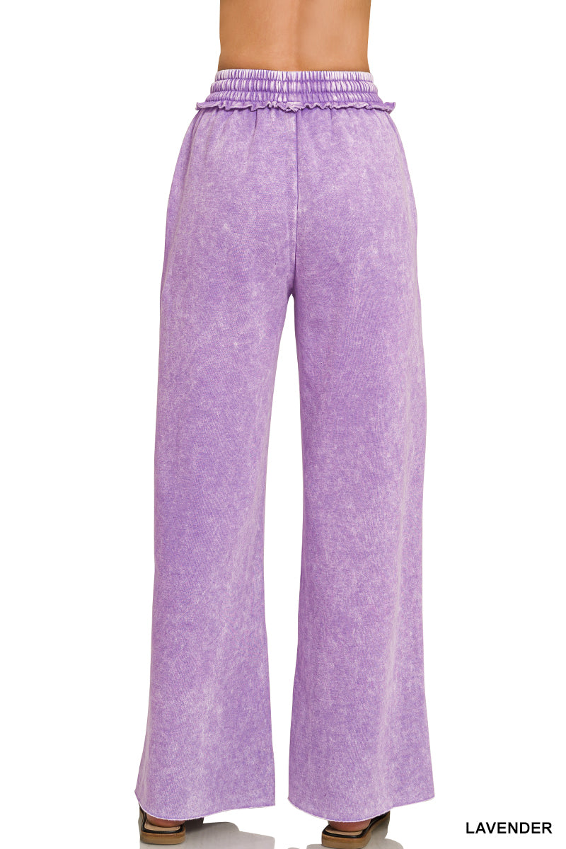 Lavender Acid Wash Fleece Palazzo Pants with Pockets
