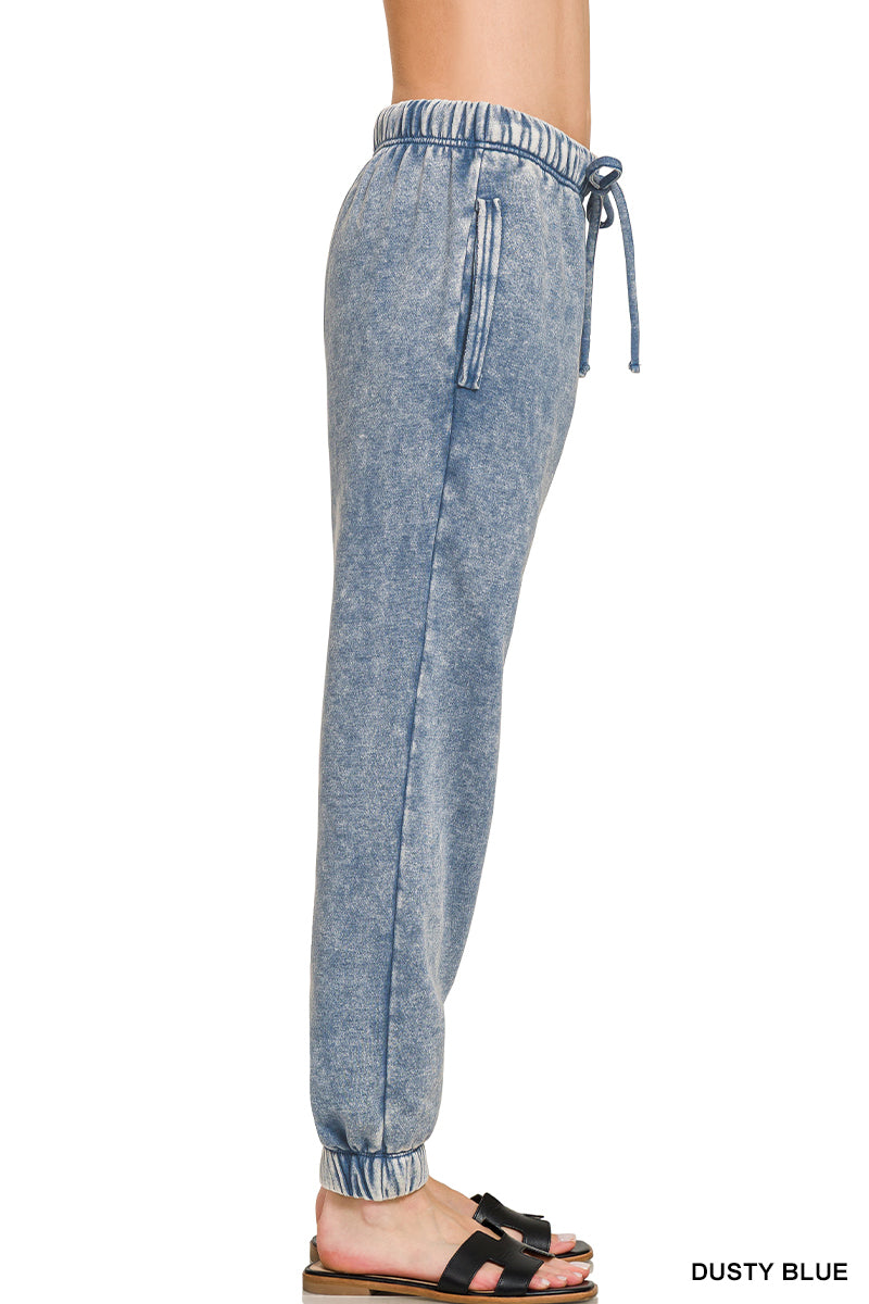 Dusty Blue Drawstring Acid Wash Sweatpants