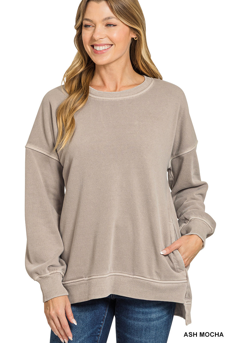Ash Mocha Hi-Low Hem Pullover With Pocket