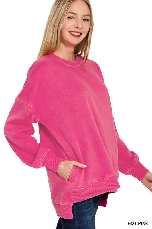 Hot Pink Hi-Low Hem Pullover With Pocket