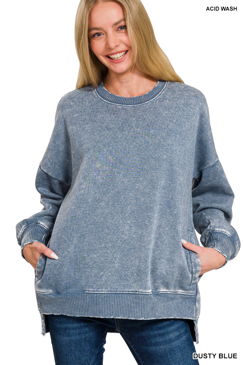 Acid Wash Fleece Hi-Low Hem Pullover (with POCKETS!)--Dusty Blue