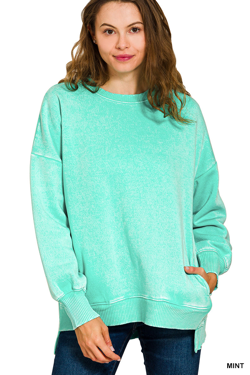 Mint Acid Wash Fleece Hi-Low Hem Pullover with POCKETS