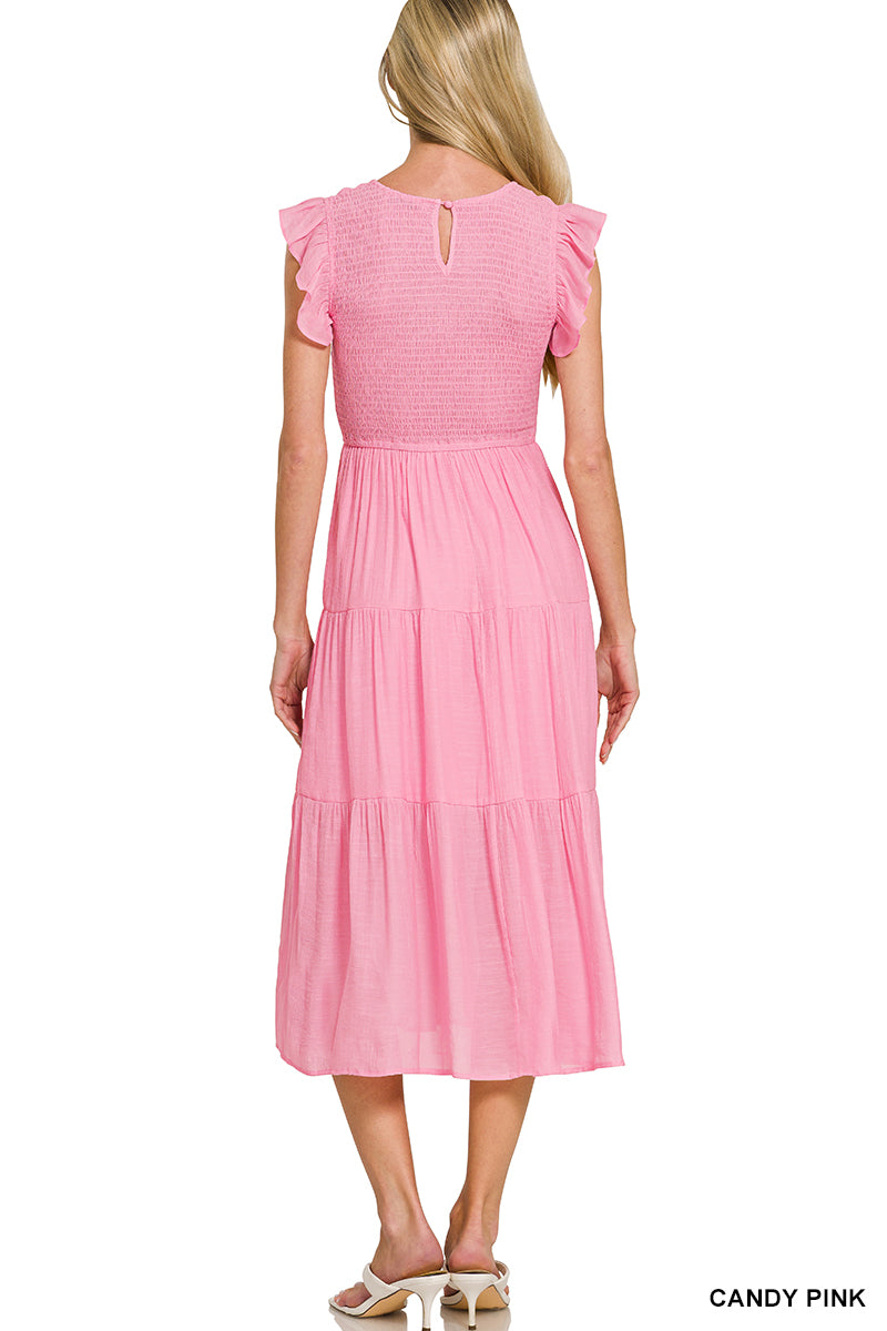Candy Pink Woven Smocked Ruffle Sleeve Midi Dress