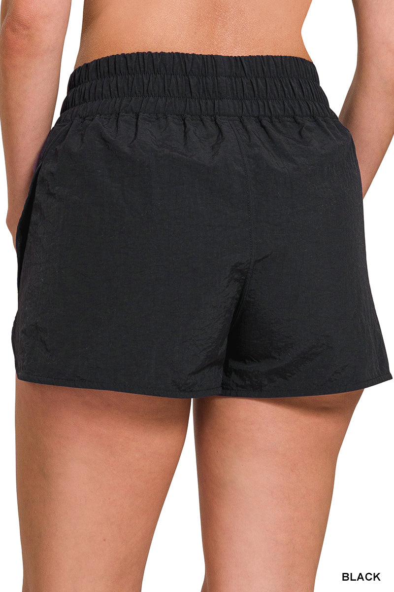 Black Windbreaker Smocked Waistband Running Shorts