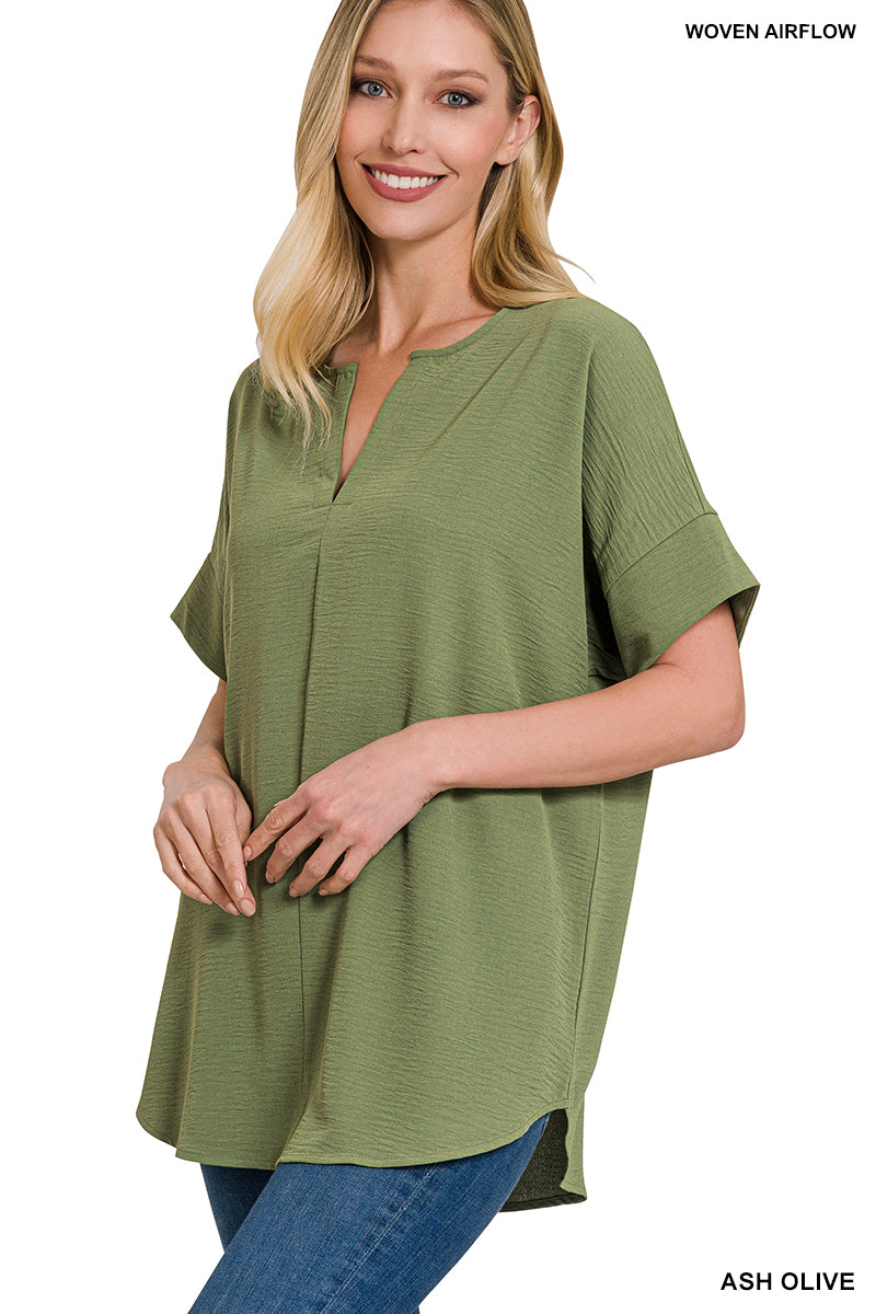 Woven Airflow Split Neck Top--Lt Olive