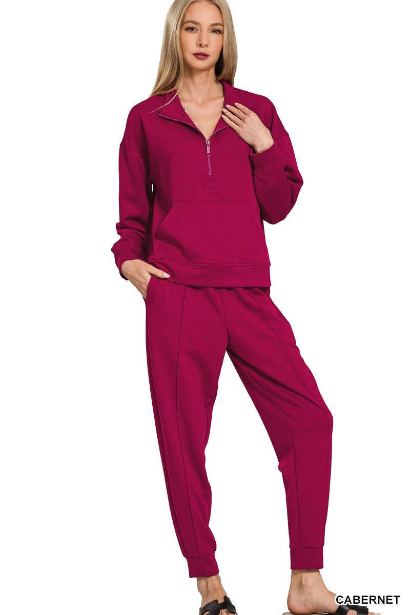 CABERNET SCUBA HALF ZIP KANGAROO POCKET SWEATSHIRTS & PINTUCK JOGGERS SET