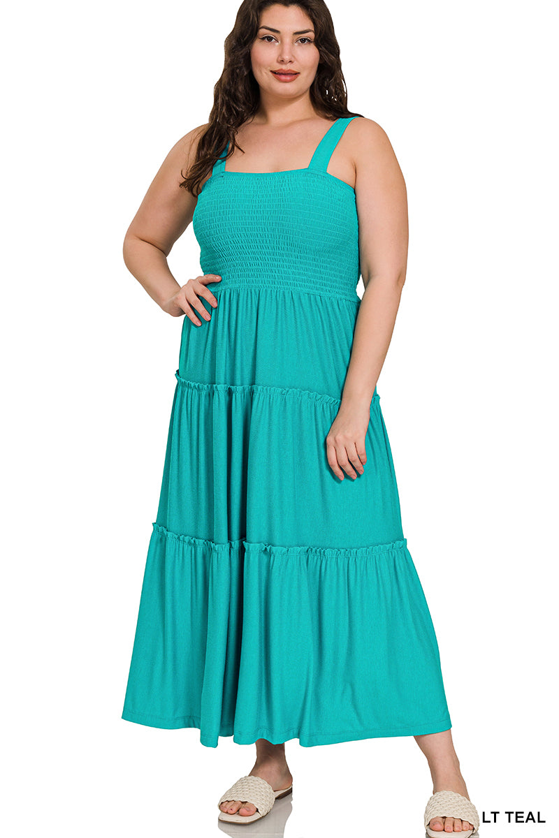 Smocked Tiered Midi Dress, Light Teal