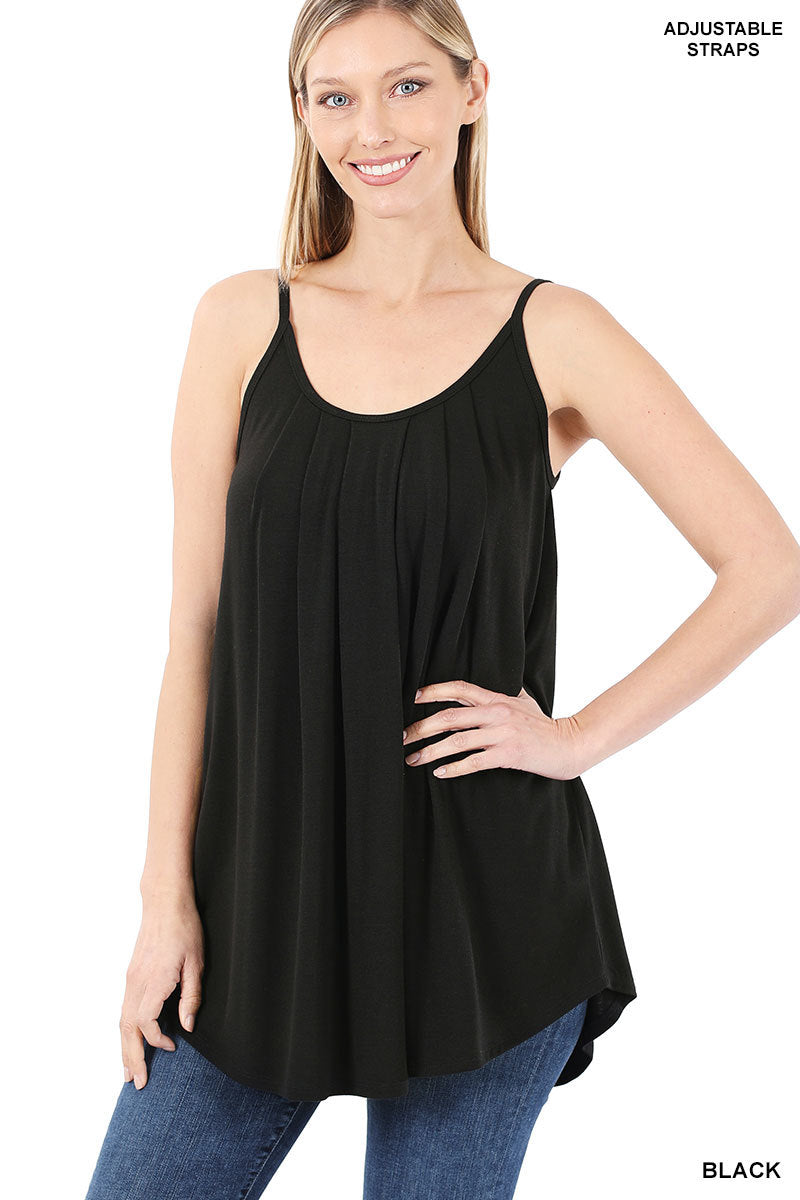 Black Pleated Spaghetti Cami w/ Adjustable Straps