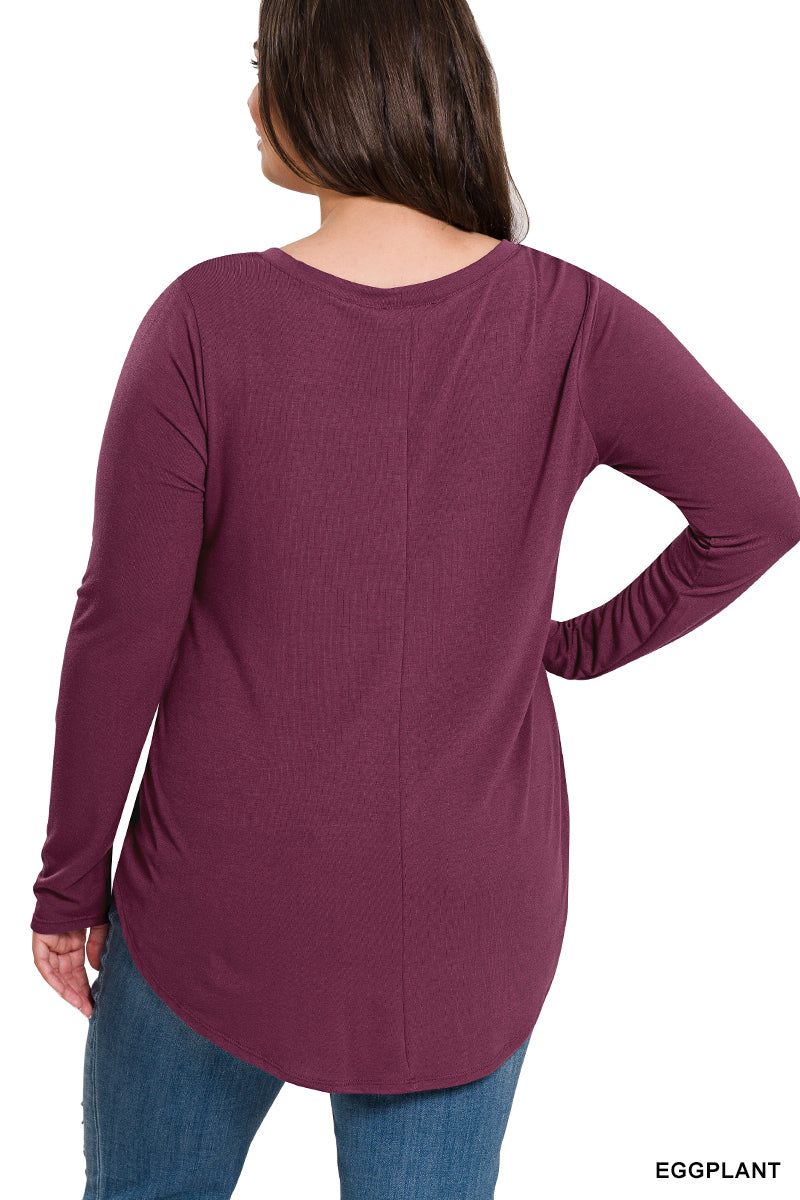 Long Sleeve V-Neck Round Hem Top--Eggplant (PLUS)