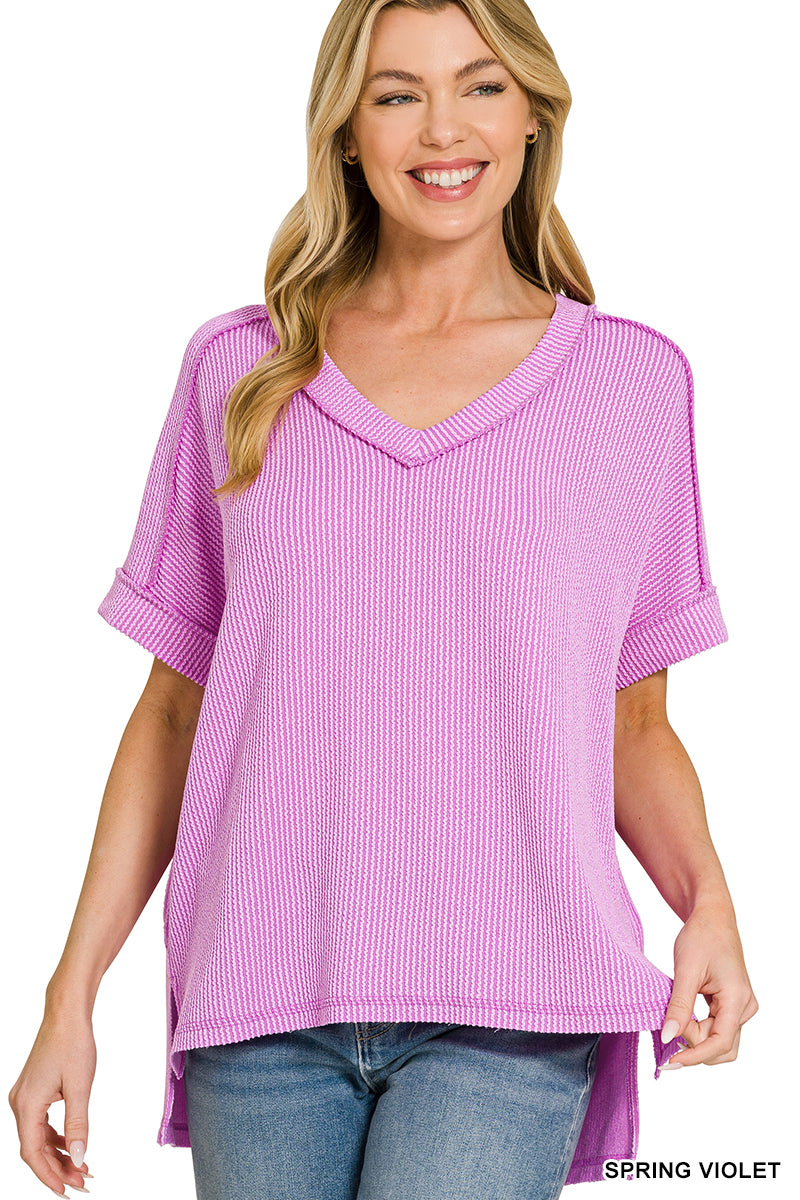 Spring Violet Raised Rib Hi-Low V-Neck Top