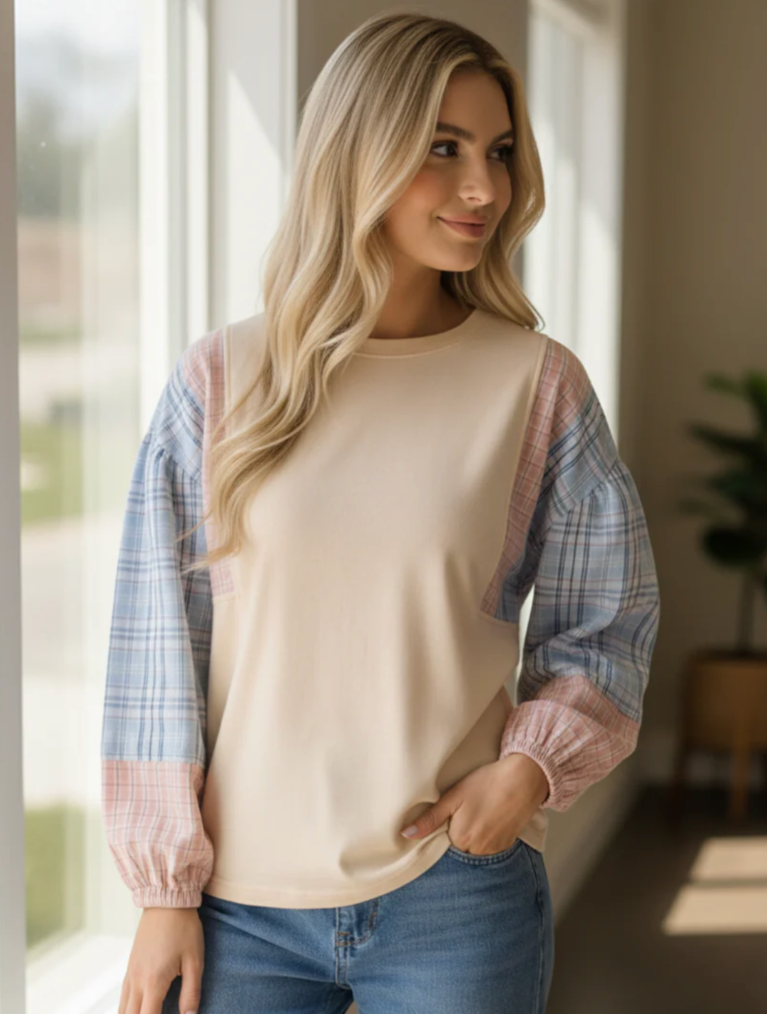 OATMEAL SOLID PULLOVER KNIT TOP W/ PLAID SLEEVES