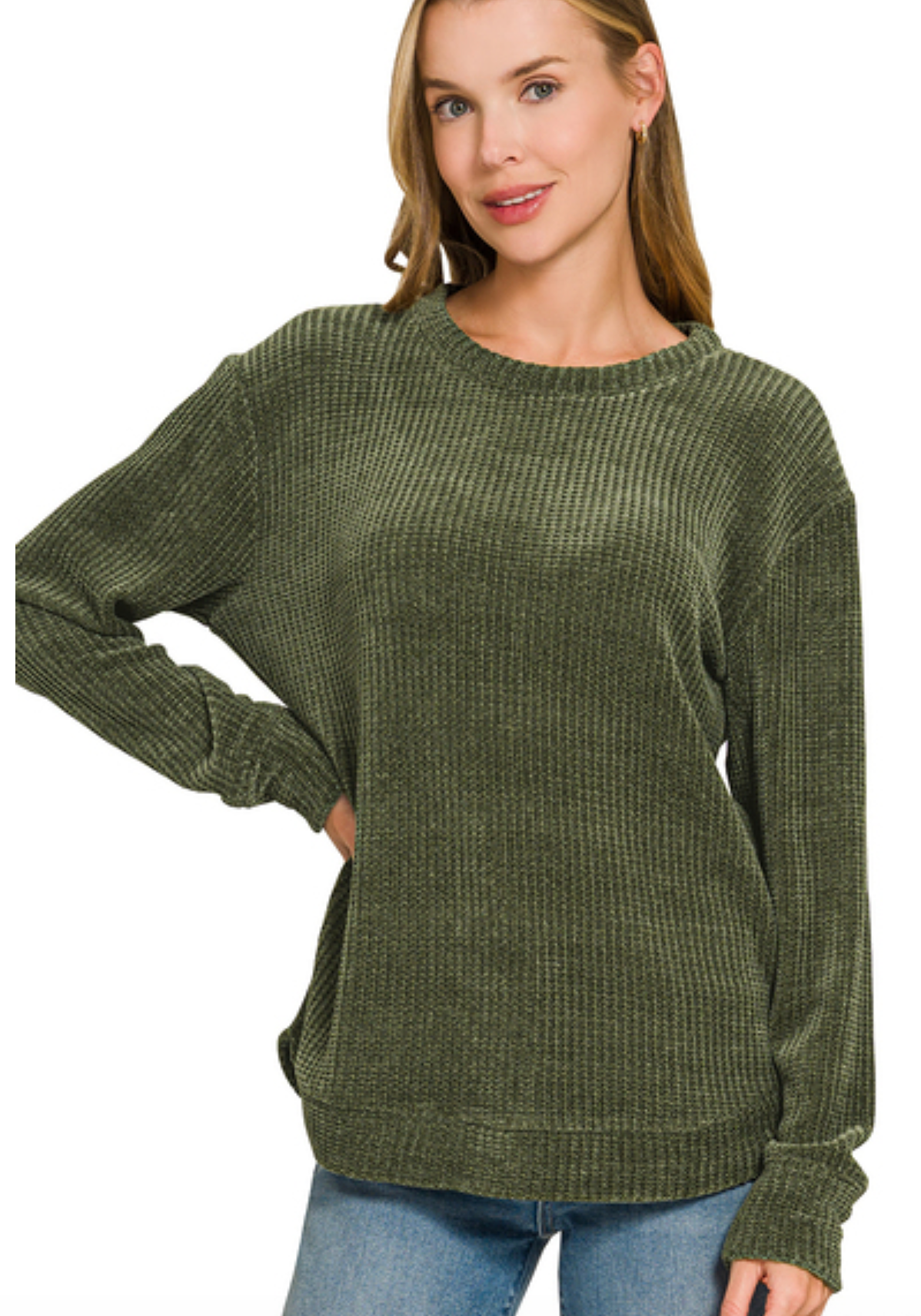 Dark Olive Chenille Waffle Round Neck Sweater