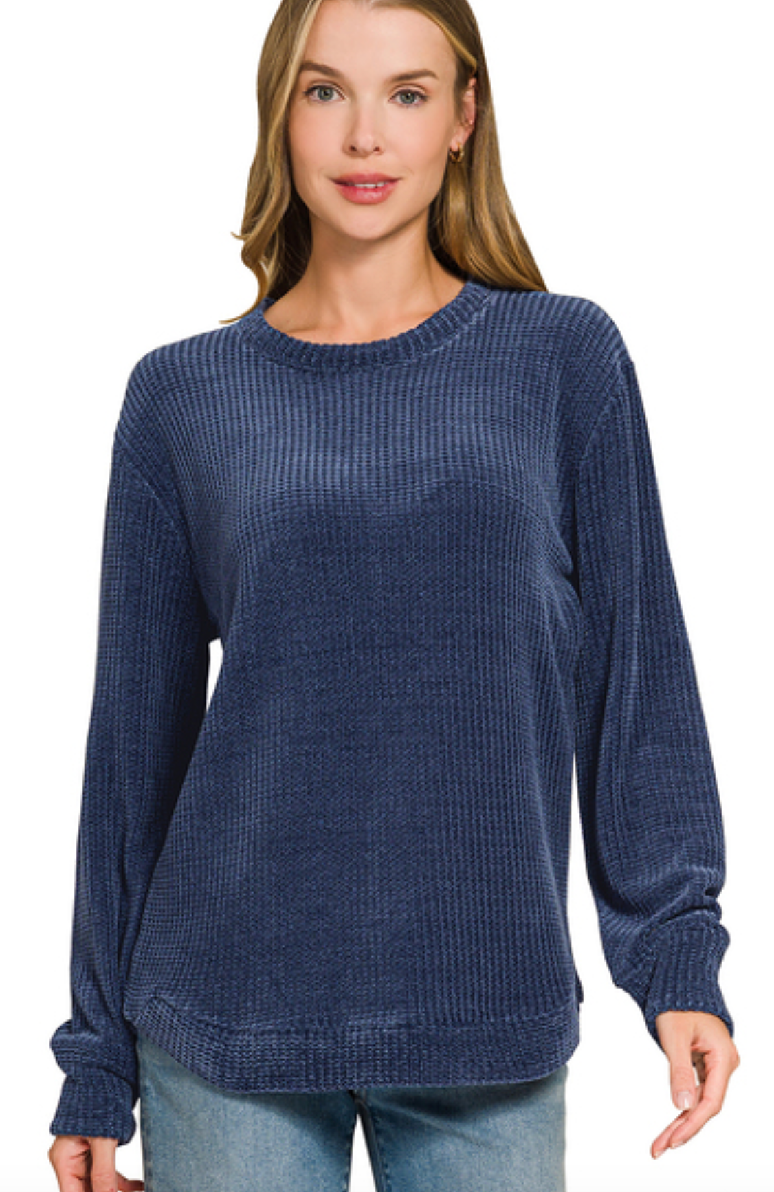Navy Chenille Waffle Round Neck Sweater