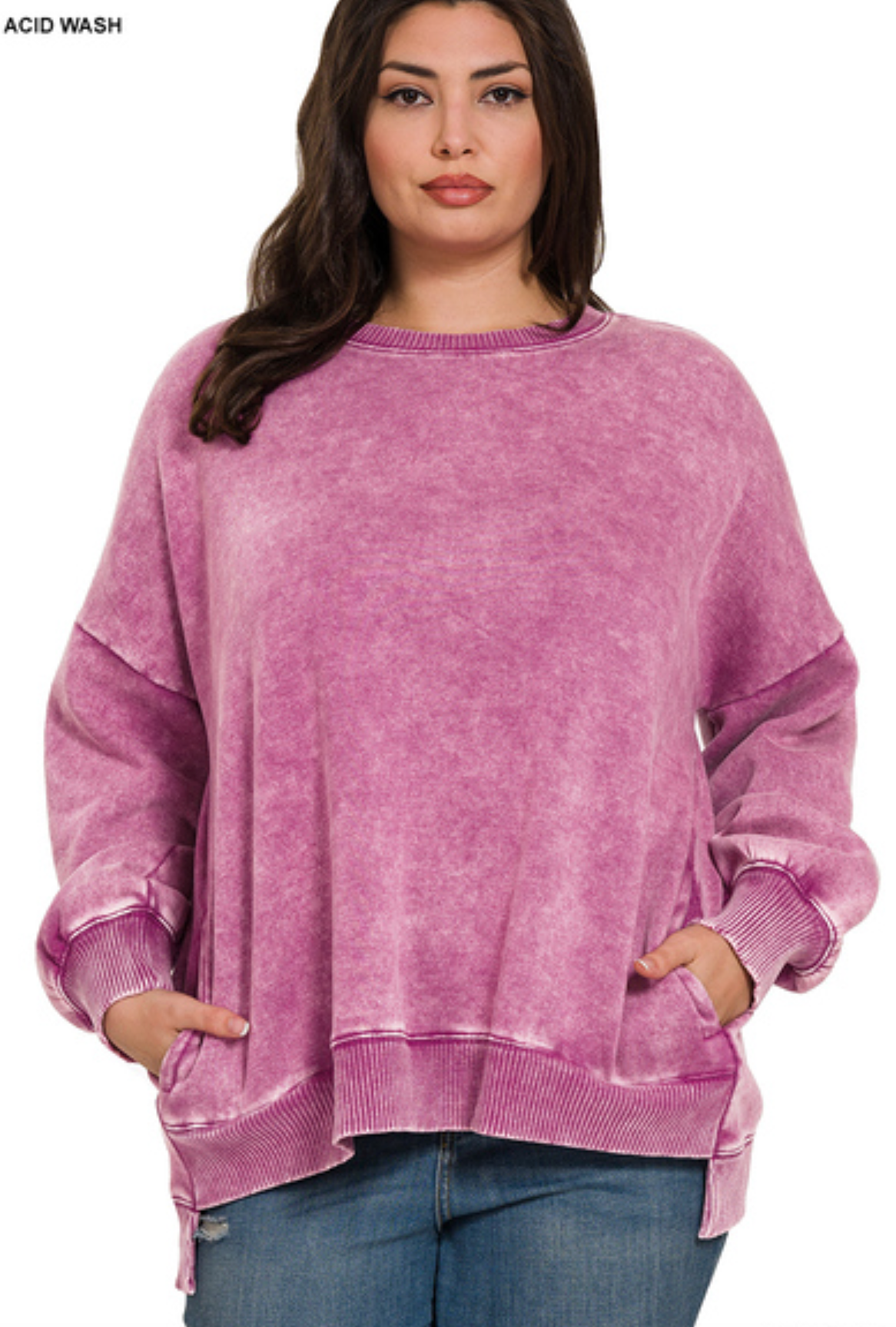 Light Plum PLUS Acid Wash Fleece Hi-Low Hem Pocket Pullover