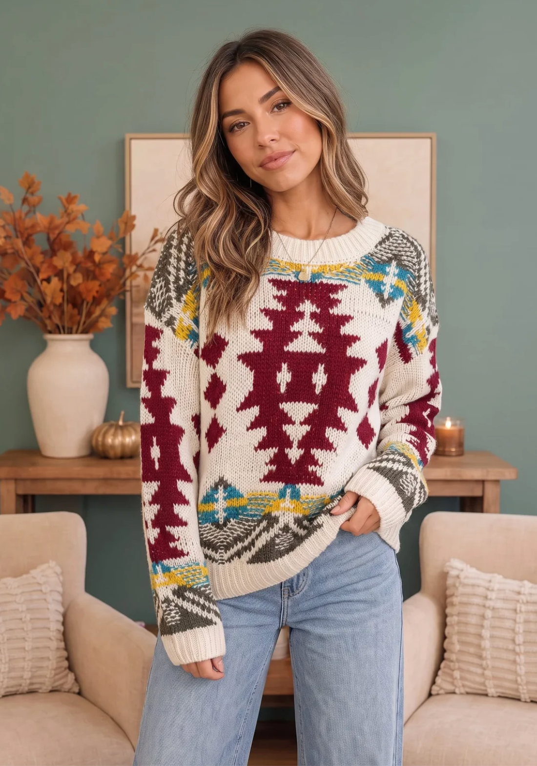 Aztec Print Chunky Knit Sweater