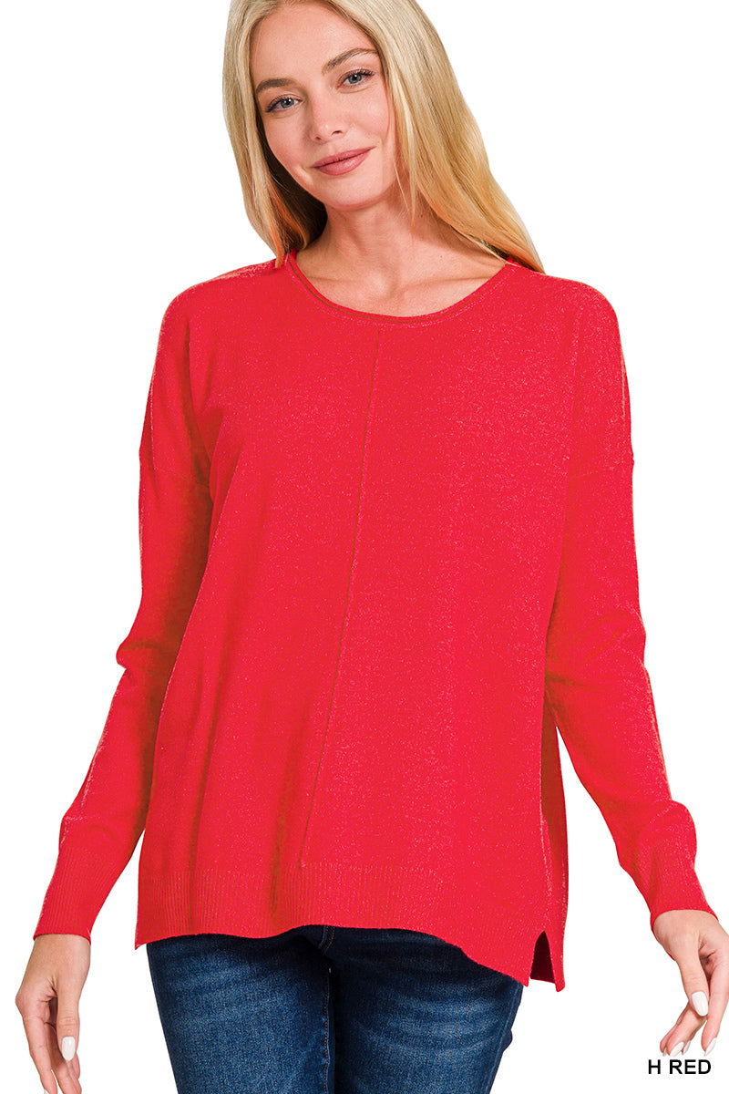 Red Front Seam Round-Neck Sweater