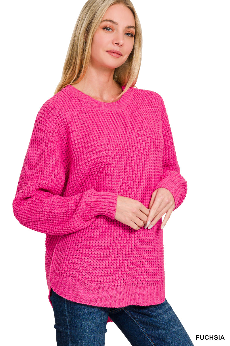 Fuchsia Hi-low Round Neck Waffle Sweater