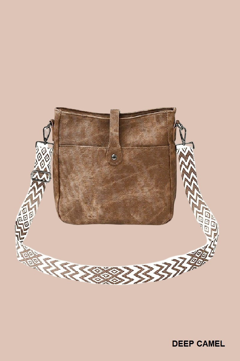 Deep Camel Distressed Faux Leather Crossbody Messenger Bag