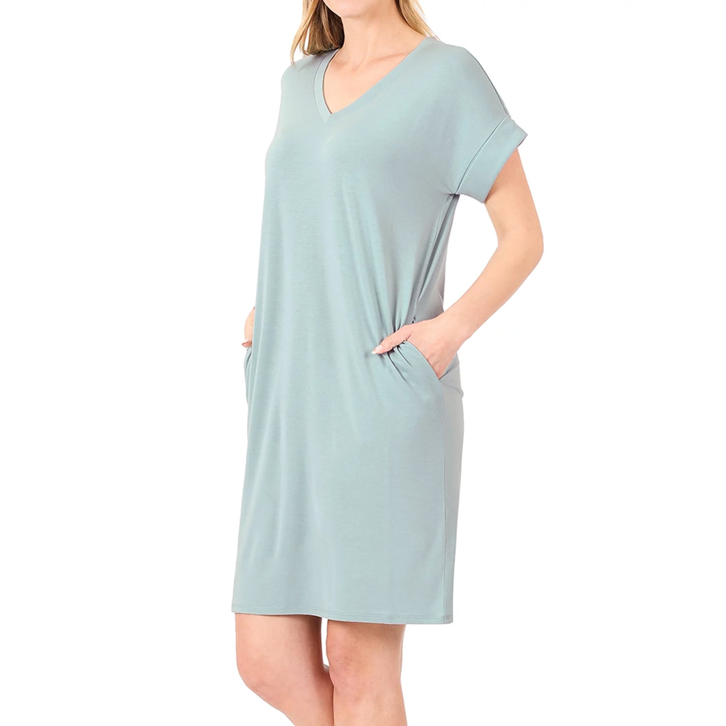 Rolled Short Sleeve V-neck Dress w/ Pockets